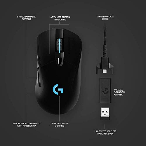 Logitech G703 Lightspeed Wireless Gaming Mouse W/Hero 25K Sensor, PowerPlay Compatible, Lightsync RGB, Lightweight 95G+10G Optional, 100-25, 000 DPI, Rubber Side Grips - Black (Renewed)
